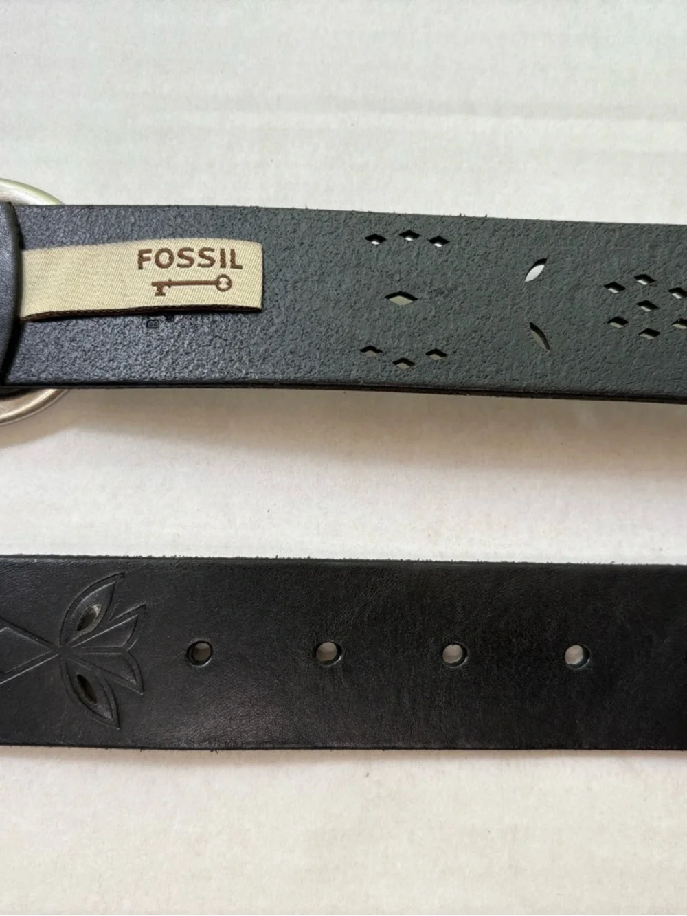 Fossil Black Leather Belt - Boho Perforated Geometric Design - Size M  Y2K